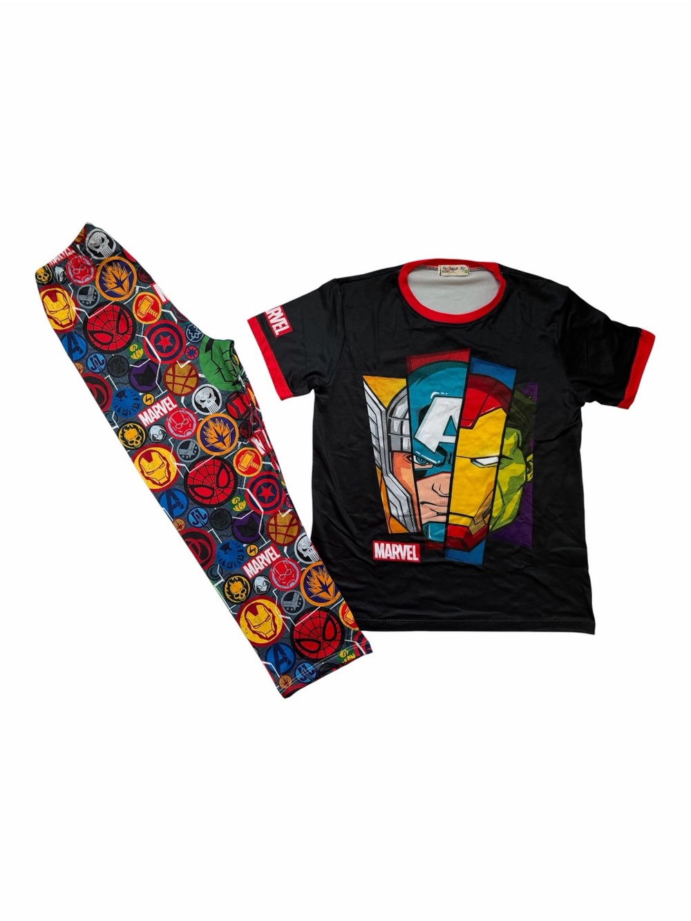Marvel Black Tee with Multicolor Avengers Face & Colorful Icon Leggings